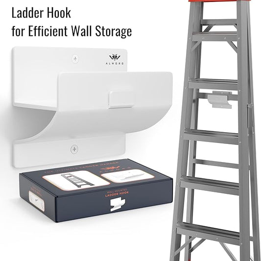 White Ladder Hooks for Garage Wall - Step Ladder Holder Wall Mount - Step Stool Garage Wall Hanger