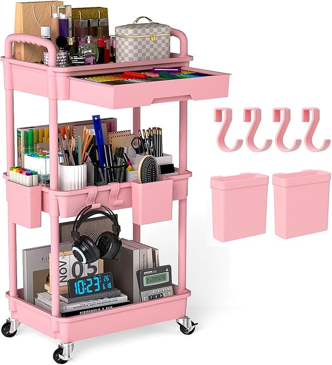 3 Tier Rolling Utility Cart with Drawer, Plastic Storage Organizer Rolling Carts with Wheels Handles Hanging Cups Hooks for Office, Bathroom, Kitchen,Craft Art Room (Pink)
