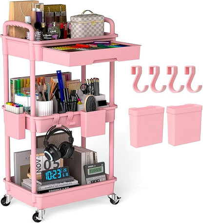 3 Tier Rolling Utility Cart with Drawer, Plastic Storage Organizer Rolling Carts with Wheels Handles Hanging Cups Hooks for Office, Bathroom, Kitchen,Craft Art Room (Pink)