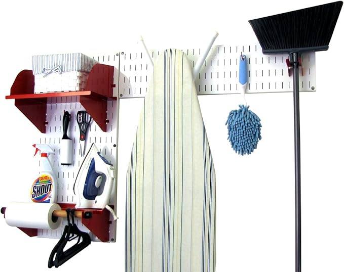 Wall Control Laundry Room Organizer Wall Mounted Laundry Room Storage and Organization Standard Kit White Wallboard and Red Accessories