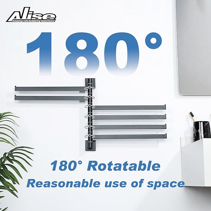 Alise Swivel Towel Rack, 6-Arm Towel Bar, Space Saving Towel Rack Wall Mount Drying Towel Holder, Swing Out Towel Holder for Bathroom Kitchen Toilet, Square SUS304 Stainless Steel, Matte Black