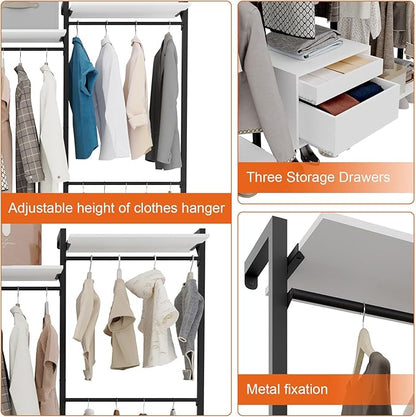 Wall-Mounted Steel & Wood Closet Organizer System with 4 Adjustable Shelves, 5 Hanging Rods, and 2 Drawers – Modern Open Wardrobe, White