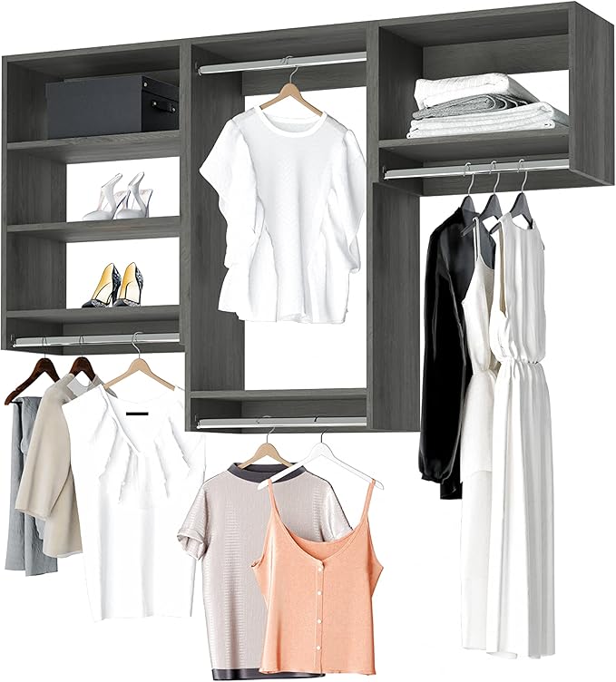 Closet Kit with Hanging Rods - Corner Closet System - Closet Shelves - Closet Organizers and Storage Shelves (Grey, 78 inches Wide) Closet Shelving