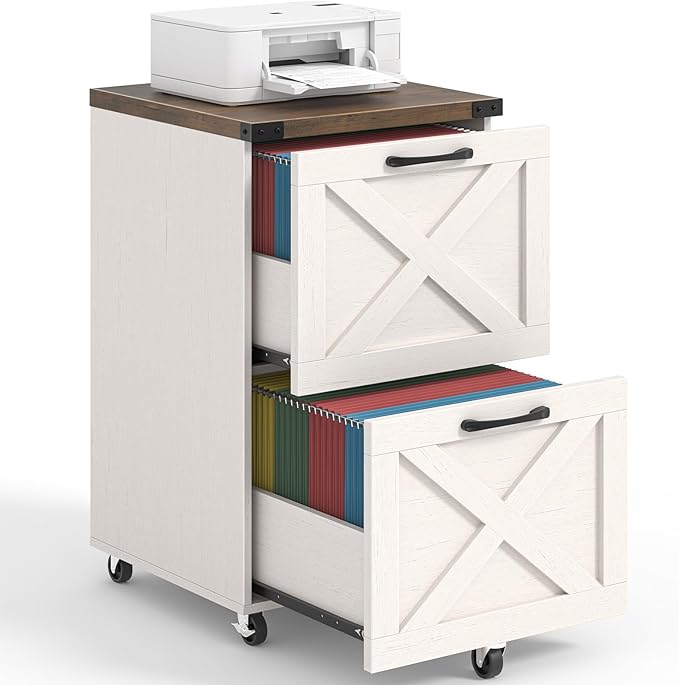 2 Drawer Small File Cabinet with Wheels, Farmhouse Vertical Filing Cabinet Fits A4/Letter Size, Under Desk Rolling File Cabinets for Home Office, Wooden Printer Stand, Rustic White