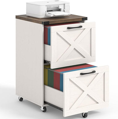 2 Drawer Small File Cabinet with Wheels, Farmhouse Vertical Filing Cabinet Fits A4/Letter Size, Under Desk Rolling File Cabinets for Home Office, Wooden Printer Stand, Rustic White