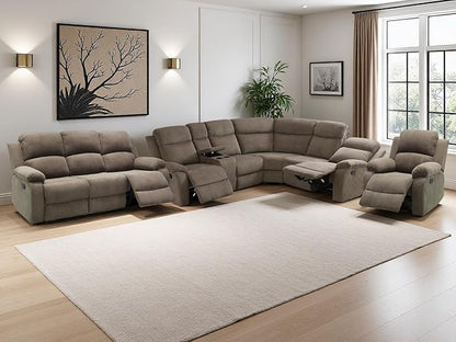 5PCS Brown Manual Reclining Sectional Sofa Set with Cup Holders, Living Room Furniture Sets, Corduroy Sectional Couches and Sofa Chair with 5 Recliner Seats, Drop-Down Table, Storage Console