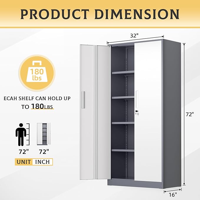 SUNCROWN 72" Metal Storage Cabinet - Heavy-Duty Metal Garage Cabinet with 4 Adjustable Shelves & 2 Doors for Tools, Office, Home, Workshop,Grey & White-Small