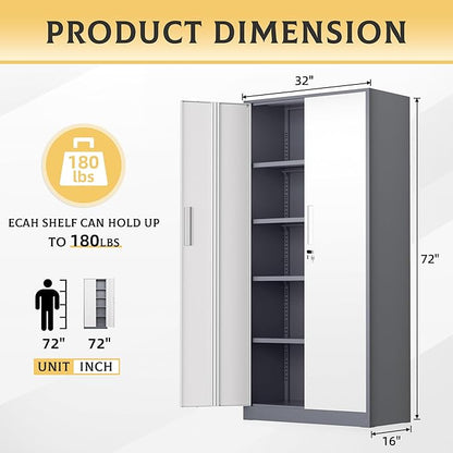 SUNCROWN 72" Metal Storage Cabinet - Heavy-Duty Metal Garage Cabinet with 4 Adjustable Shelves & 2 Doors for Tools, Office, Home, Workshop,Grey & White-Small