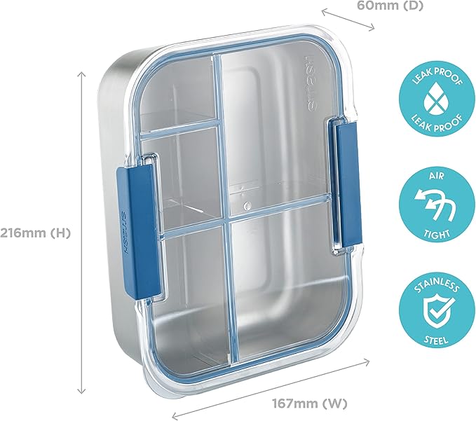 Smash Stainless Steel Bento Lunch Box, 5 Compartments, Blue, 47.3 fl oz