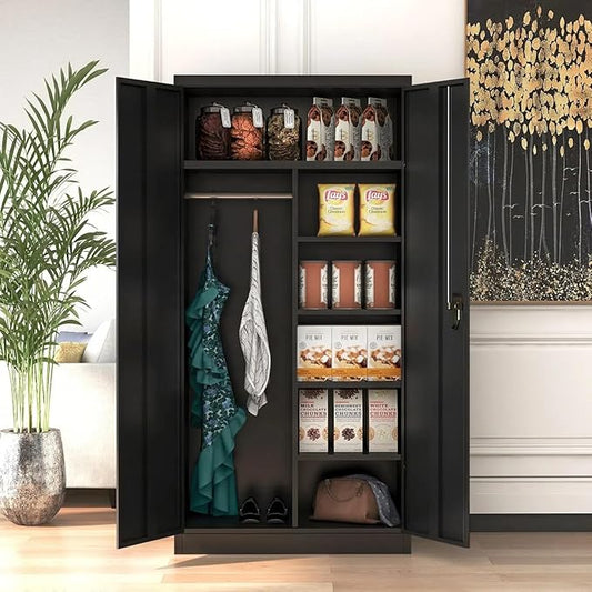 INTERGREAT Metal Storage Cabinet with Lock,Storage Wardrobe Cabinets with 4 Adjustable Shelves and Hanging Rod,Black Wardrobe Cabinet with Lockable Doors for Home Office,Warehouse,Garage