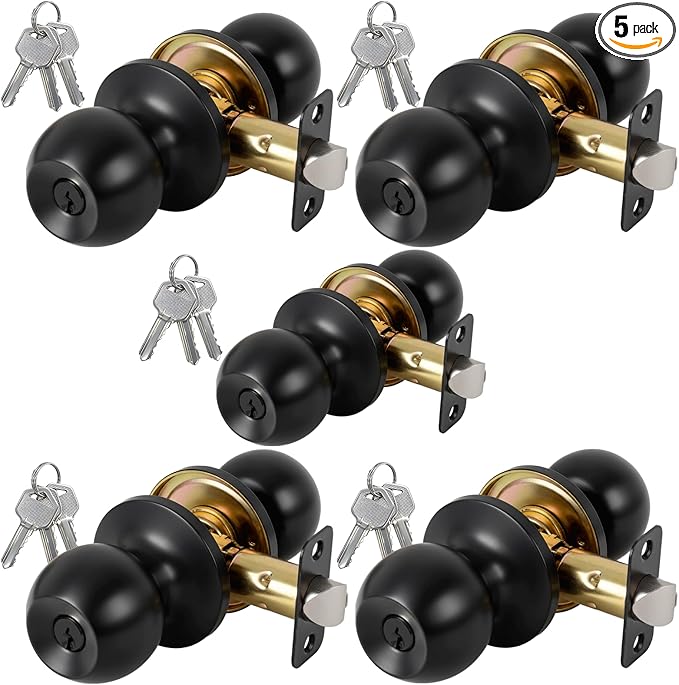 5 Pack Keyed Entry Door Knob with Lock and Key, Exterior and Interior Door Knob for Bedroom or Bathroom, Matte Black, Not Keyed Alike