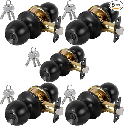 5 Pack Keyed Entry Door Knob with Lock and Key, Exterior and Interior Door Knob for Bedroom or Bathroom, Matte Black, Not Keyed Alike