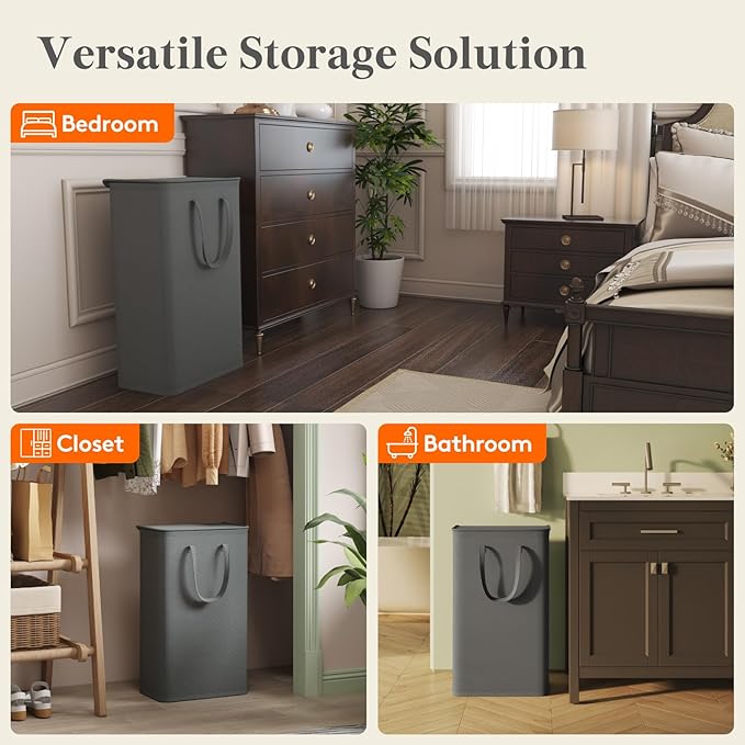 Lifewit 75L Slim Small Laundry Hamper, Laundry Basket with Lid, Dirty Collapsible Clothes Storage with Easy Carry Extended Handles, Tall Hampers for Bedroom Laundry Room, Gray, 1 Pack