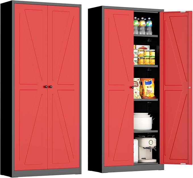 INTERGRAET 63" H Pantry Cabinet, Kitchen Pantry Storage Cabinets with 2 Doors and 4 Shelves, Metal Storage Cabinet,Cupboard for Home,Kitchen,Living Room/Dining, Black Red