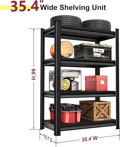 36''W Garage Shelves Heavy Duty - 1,480Lbs Steel Metal Adjustable Utility Storage Shelving Rack Units 36" W x 16" D x 66" H 4 Tier Black