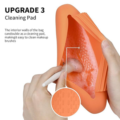 Silicone Makeup Brush Holder Travel Cosmetic Bag：Soft Portable Cosmetic Face Brushes Holder with Upgrade Anti-Fall Out Magnetic Closure, Large Travel Makeup Brush Case - Orange