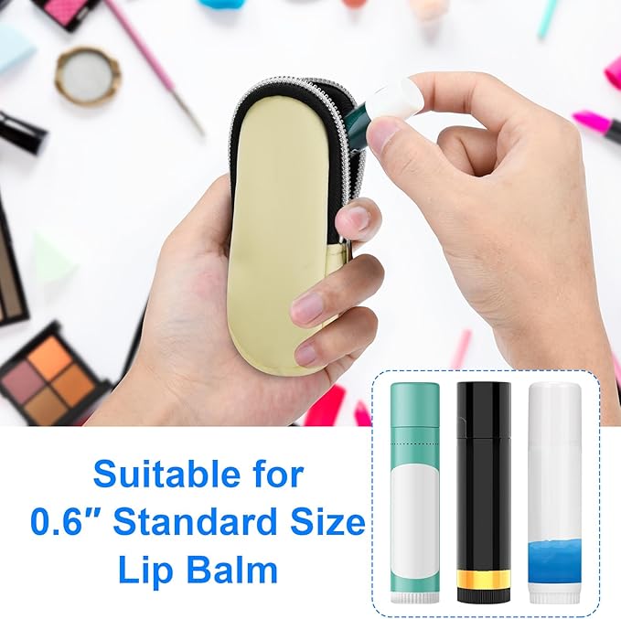 Portable Lip Balm Organizer Case with Keychain, Travel Chapstick Holder Storage Bag, Waterproof Small Cosmetic Organizer, Anti-Lost Lipstick Lip Gloss Sleeve Pouch Keeper Case (Beige, Large)