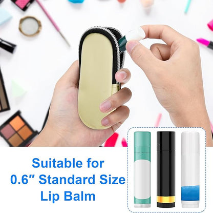 Portable Lip Balm Organizer Case with Keychain, Travel Chapstick Holder Storage Bag, Waterproof Small Cosmetic Organizer, Anti-Lost Lipstick Lip Gloss Sleeve Pouch Keeper Case (Beige, Large)