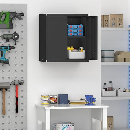 28" H Garage Storage Cabinet, Metal Garage Wall Cabinets with Doors and Shelves, Small Wall Mount Cabinet for Kitchen, Garage, Laundry Room, Pantry, Black