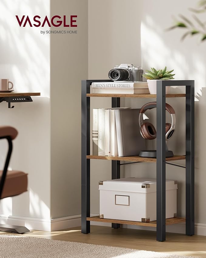 VASAGLE 3-Tier Bookshelf, Bookcase with Steel Frame, Book Shelf for Living Room, Home Office, Study, 9.4 x 15.7 x 30.1 Inches, Industrial Style, Rustic Brown and Ink Black ULLS098K02