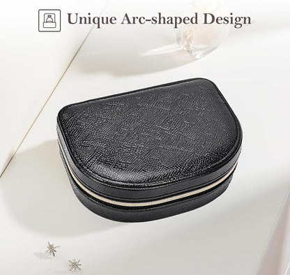 ProCase Travel Size Jewelry Box, Medium Portable Seashell-Shaped Jewelry Case, 2 Layer Mini Jewelry Organizer in PU Leather for Women -Glossy Black