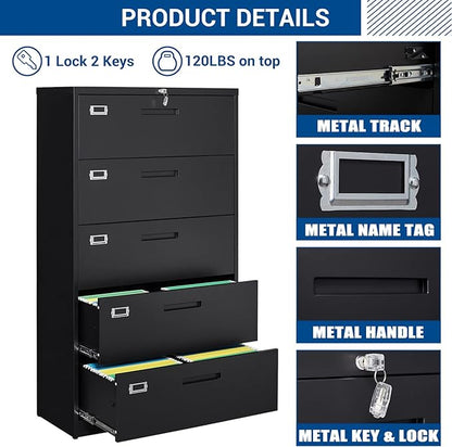 Lateral File Cabinet with 5 Drawers - Metal Steel Filling Cabinets for Home Office - Lockable Storage Cabinet for Hanging Files Letter/Legal/F4/A4 Size-Assembly Required