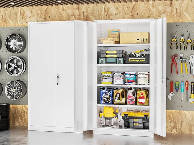 Bonusall Garage Cabinet with Lockable Door,2 Door Metal Tool Cabinets with 4 Adjustable Shelves,Locking Steel Cabinet for Home Office, Warehouse，School(White)