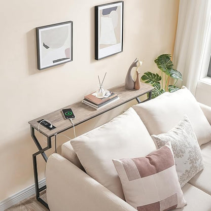 Console Sofa Table, 44.9" Entryway Table with Charging Station, Narrow Couch Table, Hallway Table, Sofa Table with USB Ports, Metal Frame, for Entrance, Living Room, Greige CTHG113E01