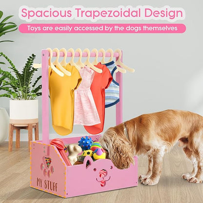 Chunful Dog Closet Wooden Pet Wardrobe Closet Dog Toy Storage Bin with Handle Pet Clothes Rack for Cat Organization and Storage Accessories, 19" x 13" x 9"(Pink)