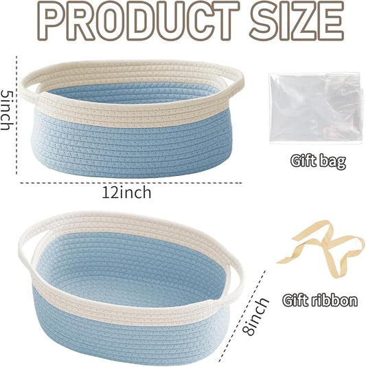 Woven Basket,Small Rope Storage Bin with Handles & Ribbon Bag, Organizer for Shelves Closets,Gift Basket Empty for Birthday,Books,Dog Toys, White&Blue