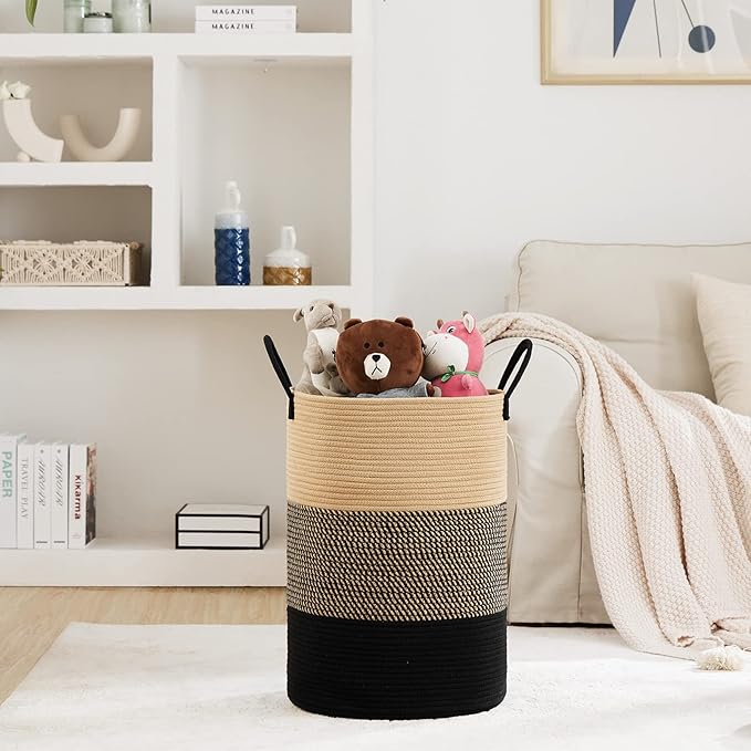 58L Large Woven Laundry Hamper by Fiona's magic, Tall Cotton Rope Laundry Basket, Boho Storage Basket for Blankets, Toys and Clothes Hamper for Bedroom and Living Room Organizing, Brown & Black