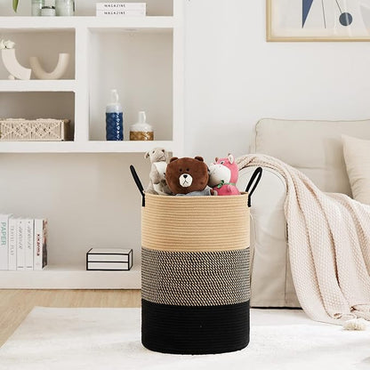 58L Large Woven Laundry Hamper by Fiona's magic, Tall Cotton Rope Laundry Basket, Boho Storage Basket for Blankets, Toys and Clothes Hamper for Bedroom and Living Room Organizing, Brown & Black