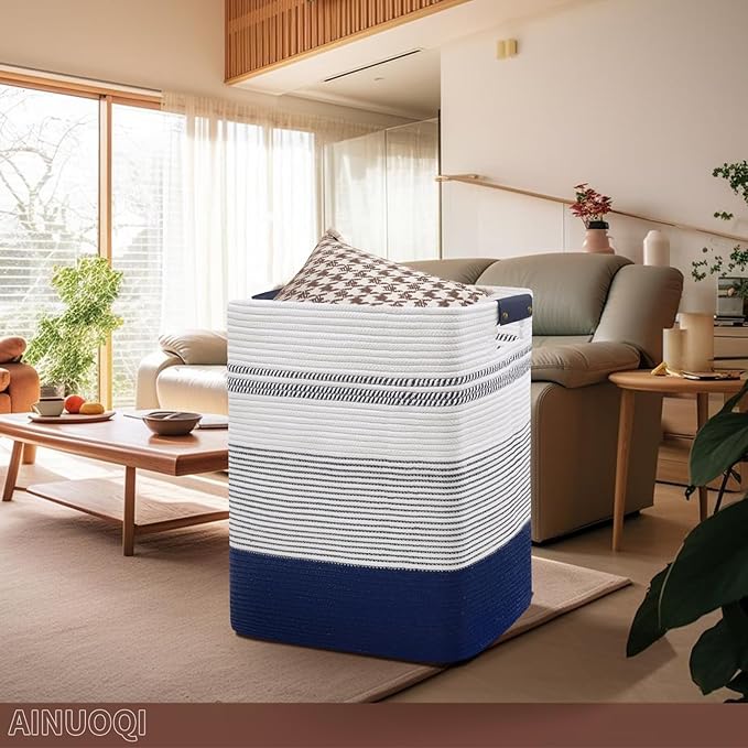 Large Laundry Basket - Tall Woven Rope Laundry Hamper with Leather Handles - Dirty Clothes hamper for Living room, Bedroom, 17" X 13.8" X 22", Dark Blue & White