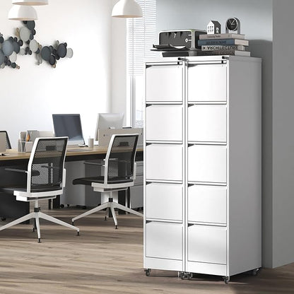 5 Drawer Mobile File Cabinet with Lock,White Metal Filing Cabinets with Wheels,Vertical File Cabinet for Home Office,Heavy Duty Storage Cabinet for A4/Letter/Legal Size File,Assembly Required