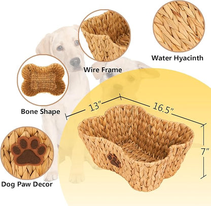 FairyHaus Wicker Dog Toy Basket Organizer, Large Bone Shape Bin with Dog Paw Decor, Natural Water Hyacinth Box for Pet Chew Toys, Blankets, Treats