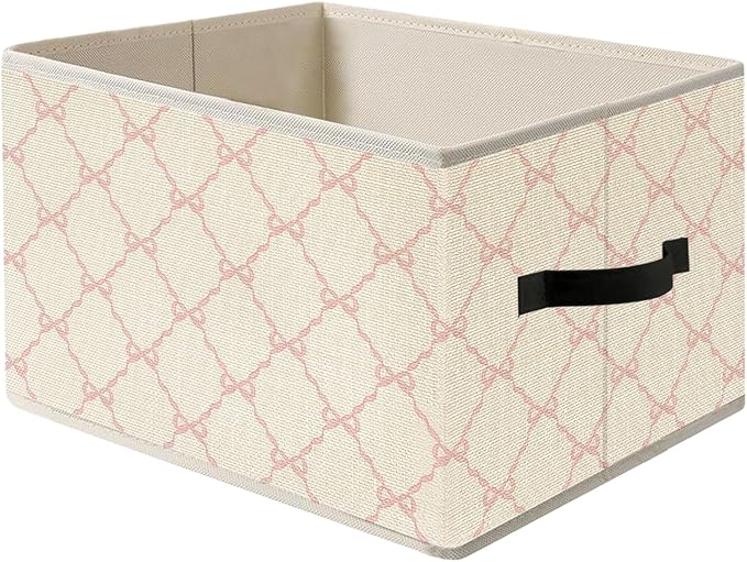 Coquette Pink Bow Ribbon Storage Bin Box with Handles, Preppy Girly Bow Aesthetic Foldable Organizer Basket Toybox for Girls Room Dorm Bedroom Bathroom Clothes Toys Books