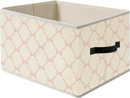 Coquette Pink Bow Ribbon Storage Bin Box with Handles, Preppy Girly Bow Aesthetic Foldable Organizer Basket Toybox for Girls Room Dorm Bedroom Bathroom Clothes Toys Books