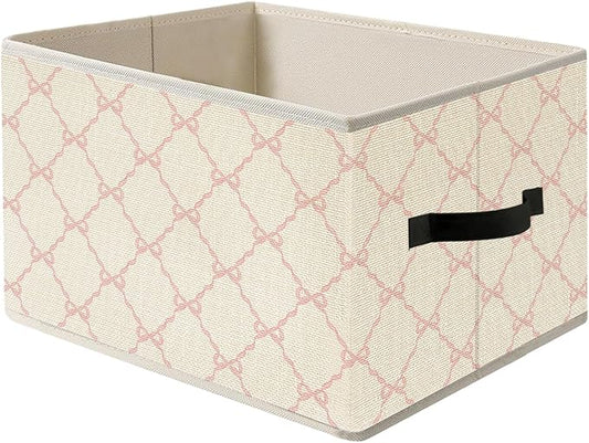 Coquette Pink Bow Ribbon Storage Bin Box with Handles, Preppy Girly Bow Aesthetic Foldable Organizer Basket Toybox for Girls Room Dorm Bedroom Bathroom Clothes Toys Books