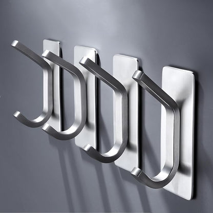 DELITON Adhesive Towel Hooks for Bathroom - 4 Pack Heavy Duty Stick on Wall Hooks, Waterproof Robe/Coat Hangers for Kitchen, Shower (Silver, Stainless Steel)