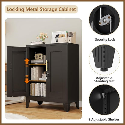 36" Tall Metal Storage Cabinet with Lock, Locking Cabinet with 2 Doors and 2 Adjustable Shelves, Black Bathroom Floor Cabinets, Freestanding Locked File Cabinets for Home/Office/Garage