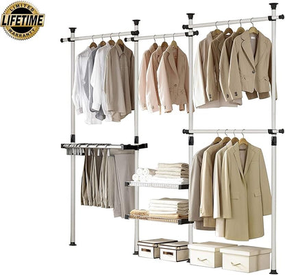 Prince Hanger Deluxe Pants & Shelf Hanger Heavy Duty One Touch Load 880LBS Clothing Racks for Hanging Clothes Metal Wardrobe Closet Garment Tension Rod Freestanding Ivory Height Adjustable PHUS-0052