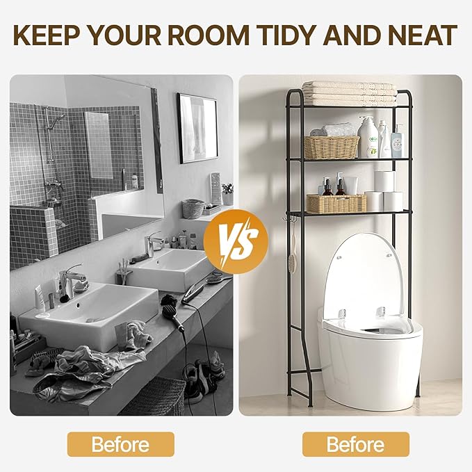 3 Tier Over The Toilet Storage Rack, Bathroom Organizer Shelf Over Toilet with 4 Hook, Space Save Freestanding Metal Bathroom Shelves