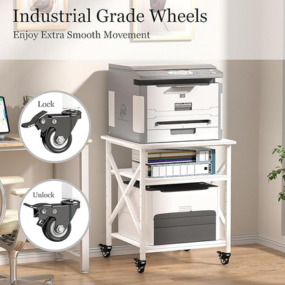 Printer Stand, 23.6 x 23.6 Inches Large Printer Stand with Adjustable Storage Shelf, 3 Tier Printer Table for Home Office, Rolling Printer Cart with Industrial Wheels, Mini Fridge Stand Table, White