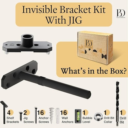 Invisible Floating Shelf Bracket 5 Inch Rod 1/2 inch Diameter Heavy Duty with Jig – Hidden Metal Mantel Mount for Wall Shelves – Floating Shelf Hardware for Bathroom, Kitchen & Living Room (4 Pack)