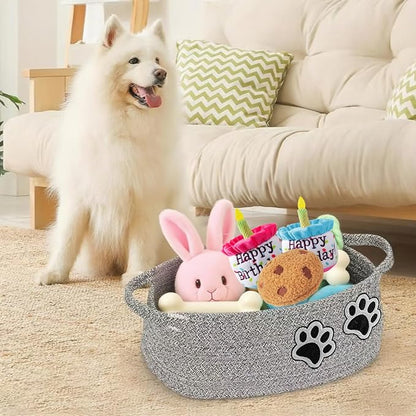 Small Woven Cotton Rope Nursery Organizer Bins, Dog Toy Basket Bins with Handle, Cute Empty Baby Gift Storage Baskets with Paw