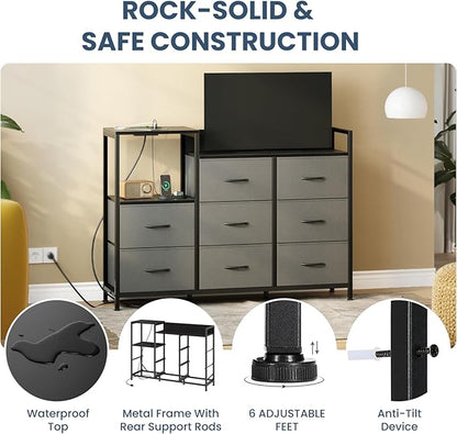 DUMOS TV Stand Dresser with 8 Fabric Drawers & Open Shelves, TV Stand for Up to 45 inch TV with Wooden Top, Entertainment Center with Charging Station for Living Room, Hallway, Grey