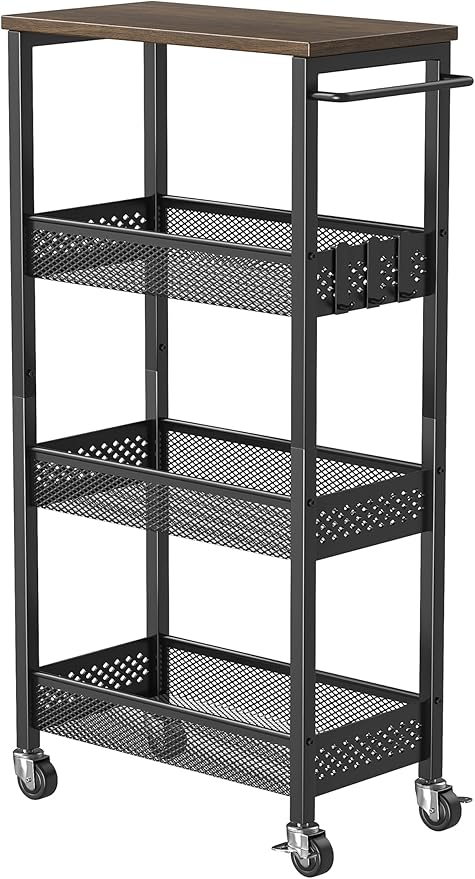 Slim Storage Cart 4 Tier Fruit and Vegetable Baskets for Kitchen Small Space, Narrow Laundry Cart on Wheels with Wooden Top and Metal Handle for Pantry, Bathroom, Laundry Room