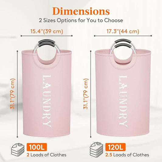 Lifewit 100L 2-Pack Large Laundry Basket, Collapsible Laundry Hamper with Aluminum Handles, Waterproof Freestanding Dirty Clothes Hampers for Laundry Room Bedroom Dorm Bathroom, Pink