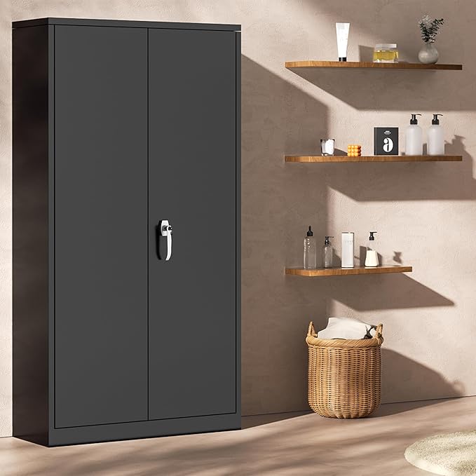 INTERGREAT Metal Storage Cabinet with Shelves, 72" Locking Steel Cabinets with 2 Door and 4 Adjustable Shelves, Tall Metal Cabinet for Home Office, Garage, Warehouse,Black
