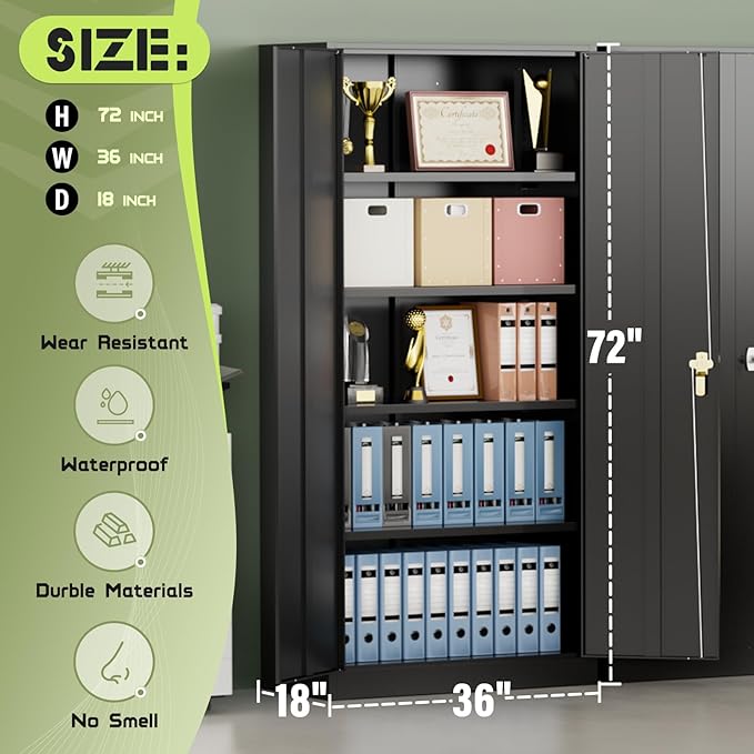 Metal Garage Storage Cabinet, 72” Lockable File Cabinets with 2 Doors and 4 Adjustable Shelves, Steel Tool Cabinets with Lock for Office, Home, Gym, Black